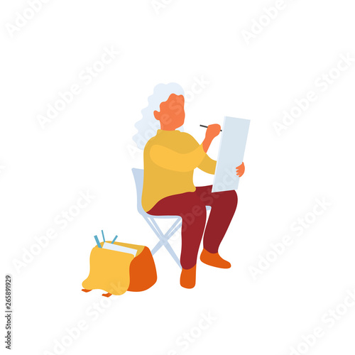 Artist sitting drawing outside in the park on portable stool