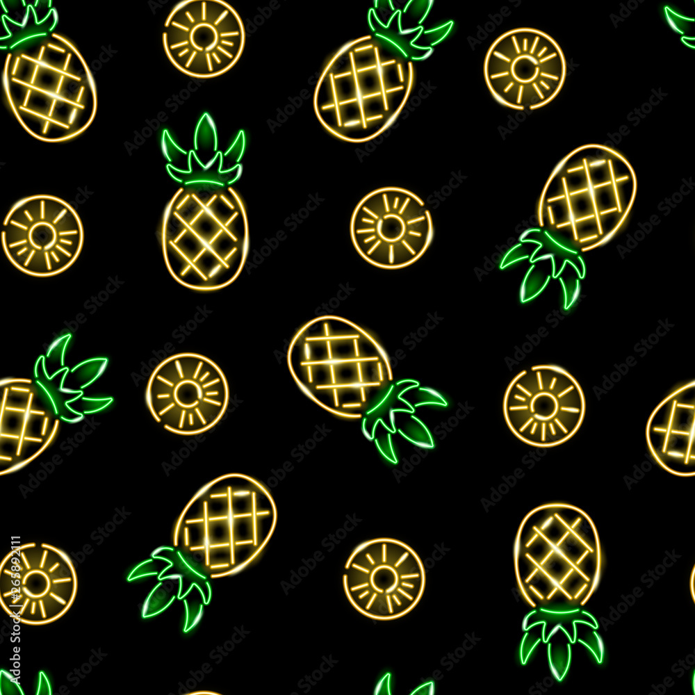 Neon pineapple seamless pattern on black background. Exotic, summer, tropical, food concept. Vector 10 EPS illustration.