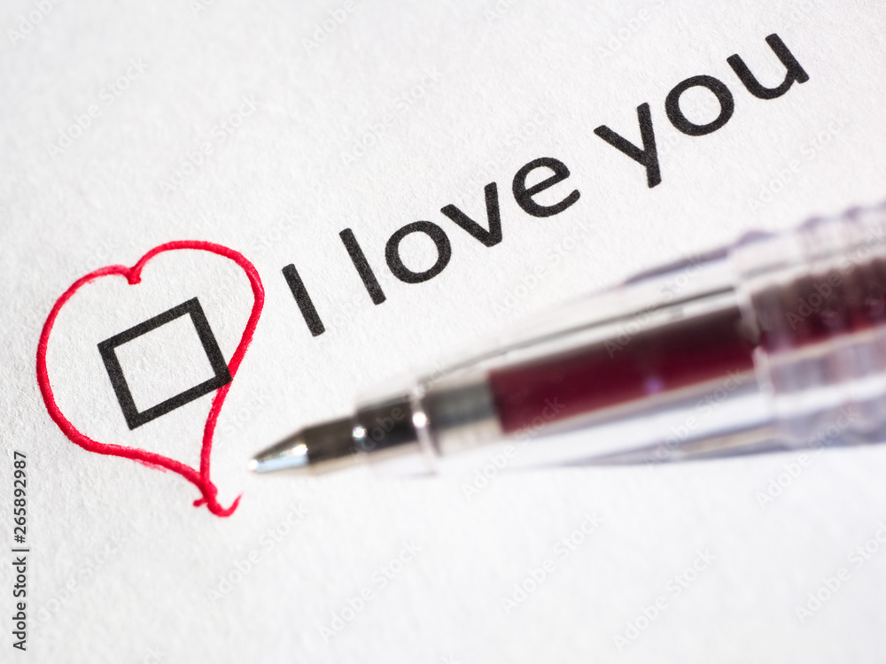 Questionnaire. Red pen and the inscription I Love You with check mark on the white paper. Close-up background. High-quality macro photography. Questionnaire. Red pen and the inscription I Love You with check mark on the white paper. Close-up background. High-quality macro photography.