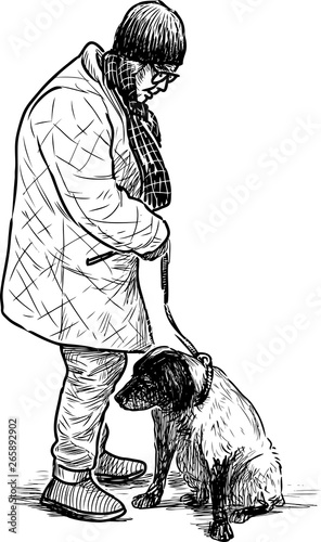Hand drawing of an elderly woman with her dog