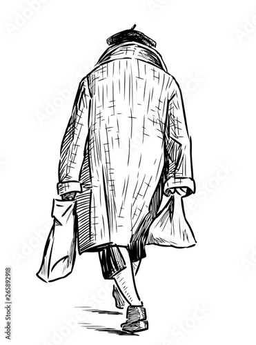 Hand drawing of an old woman with the bags goes down the street