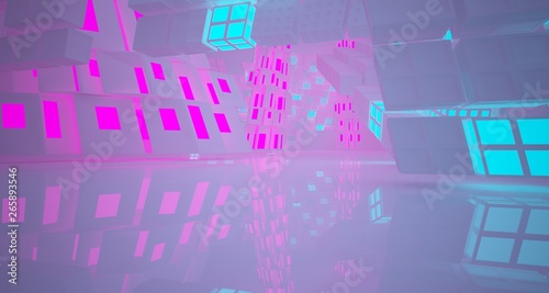 Abstract white Futuristic Sci-Fi interior With Pink And Blue Glowing Neon Tubes . 3D illustration and rendering.