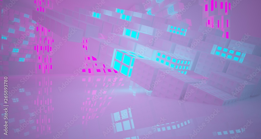 Abstract white Futuristic Sci-Fi interior With Pink And Blue Glowing Neon Tubes . 3D illustration and rendering. Abstract white Futuristic Sci-Fi interior With Pink And Blue Glowing Neon Tubes . 3D illustration and rendering.