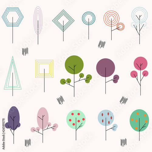 Minimalist icon set with geometric trees, forest in scandinavian style.  Simple flat fir-tree, oak, pine, fruit trees, linden, maple poplar and other. Geometric vector elements for your design.