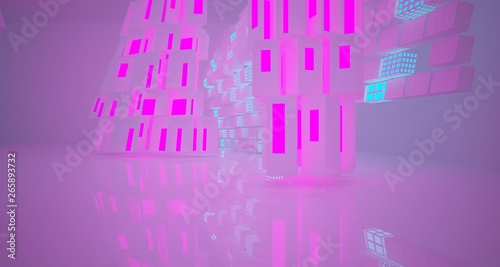 Abstract  white Futuristic Sci-Fi interior With Pink And Blue Glowing Neon Tubes . 3D illustration and rendering.