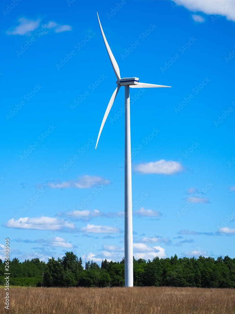 Wind power generator on an empty field. Green forest in the background. The road leads to the wind turbine. Green energy on a sunny day. Blue sky with clouds. Ecology and energy conservation concept. Wind power generator on an empty field. Green forest in the background. The road leads to the wind turbine. Green energy on a sunny day. Blue sky with clouds. Ecology and energy conservation concept.