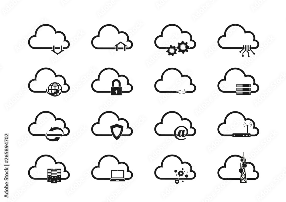 Cloud technology icon set, computer system and network isolated sign Cloud technology icon set, computer system and network isolated sign