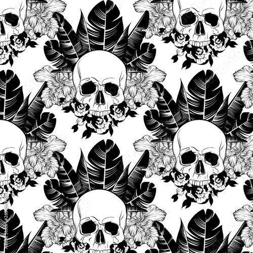 Vector pettern with hand drawn illustration of human skull with palm leaves, flowers and feathers .