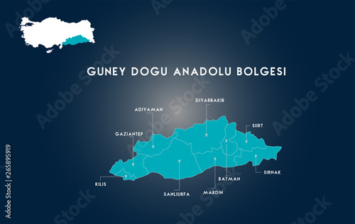 Turkey Southeastern Anatolia Region Map ( Turkish Turkiyenin Guneydogu Anadolu Bolgesi, Adiyaman, Gaziantep, Kilis, Sanliurfa, Mardin, Batman, Sirnak, Siirt, Diyarbakir Haritasi)
