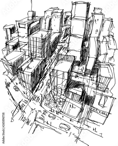 hand drawn architectural sketch of a modern city with high buildings and people in the streets