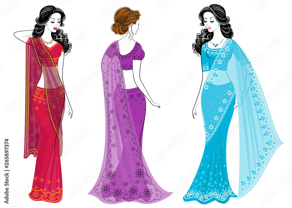 Collection. Silhouette of lovely ladies. The girls are dressed in saris, traditional Indian national clothes. Women are young and beautiful. Set of vector illustrations
