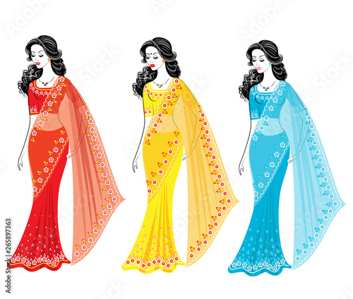 Collection. Silhouette of lovely ladies. The girls are dressed in saris, traditional Indian national clothes. Women are young and beautiful. Set of vector illustrations