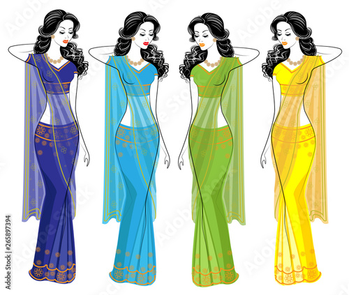 Collection. Silhouette of lovely ladies. The girls are dressed in saris, traditional Indian national clothes. Women are young and beautiful. Set of vector illustrations