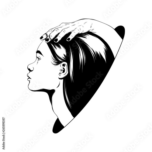 Vector hand drawn illustration of female heads with hands isolated.