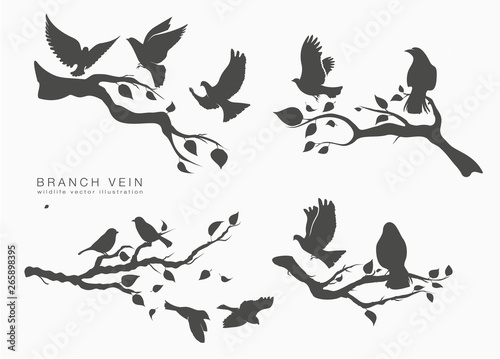 figure set flock of flying birds on tree