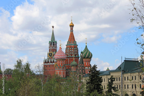 St. Basil's Cathedral and the Kremlin Spasskaya tower on red square in Moscow Russia