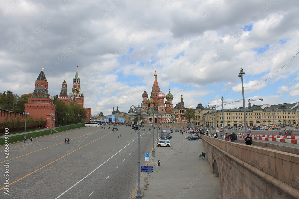 View of the Kremlin Spasskaya tower and Red square in Moscow Russia