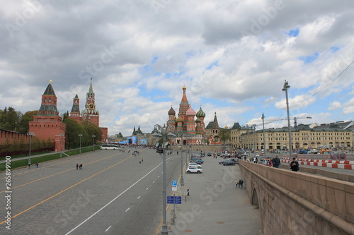 View of the Kremlin Spasskaya tower and Red square in Moscow Russia