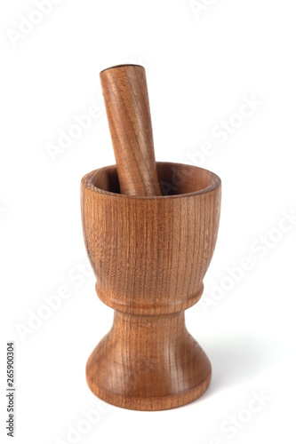 Wooden mortar (pounder) and pestle isolated on white