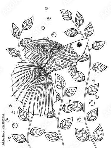 Sea doodle coloring book page aquarium fish
