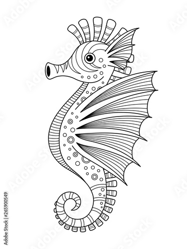 Sea doodle coloring book page seahorse