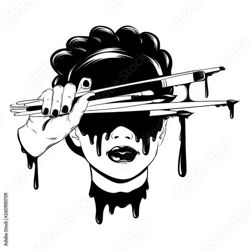 Vector hand drawn illustration of girl's head with brushes and paint isolated.