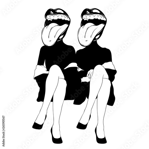 Vector hand drawn illustration of sitting ladies with open mouth with tongue instead head .