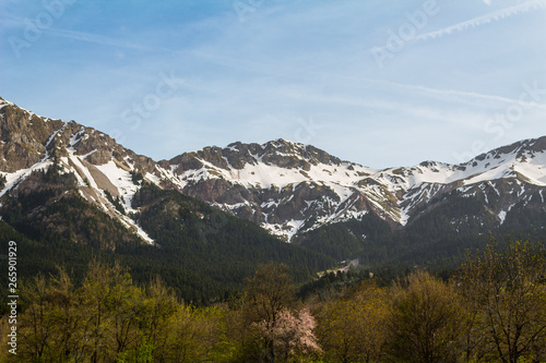 view of snowy mountain tops beautiful colors forest scenery © Petros