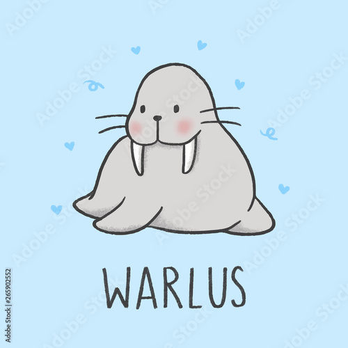 Cute Walrus cartoon hand drawn style