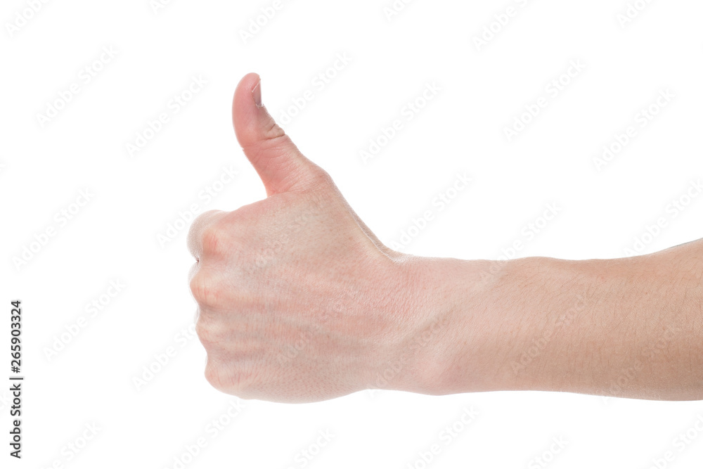 male hand on a white background shows like. Copy space