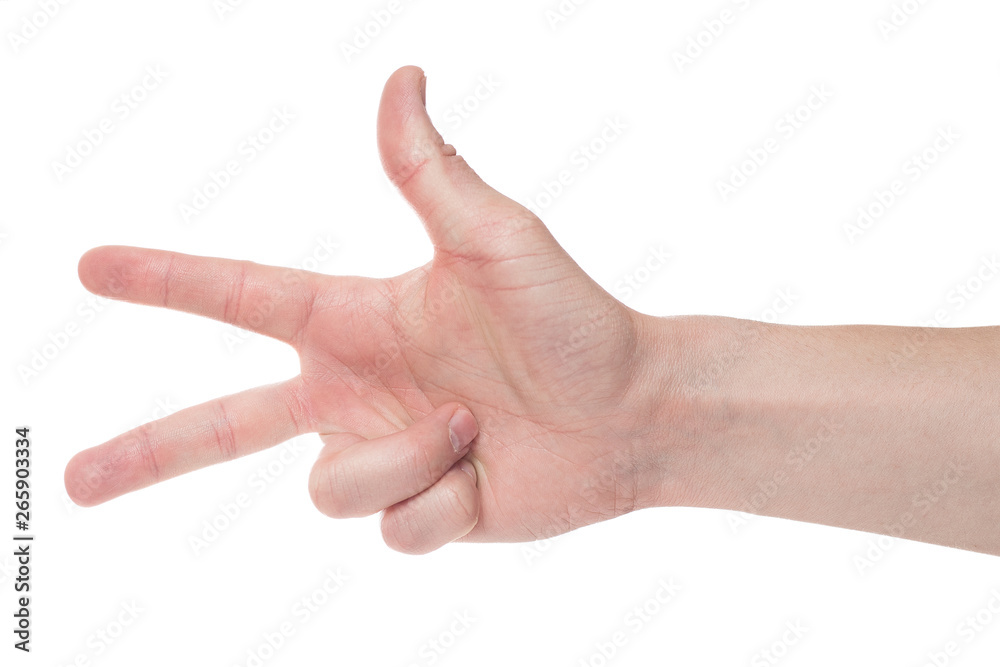 Man showing number three on white background, closeup. Man showing number three on white background, closeup.