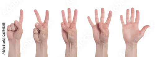 Male hands counting from one to five isolated on white background. Set of multiple images. Collage