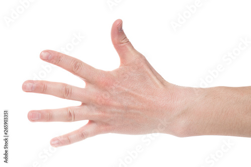 Man showing number five on white background, closeup.