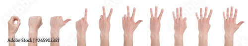 Male hands counting from zero to five isolated on white background. Set of multiple images. Collage