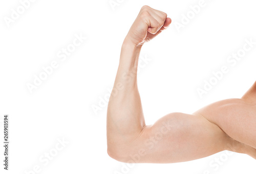Strong Athletic Man Fitness Model, triceps over white background. Copy space