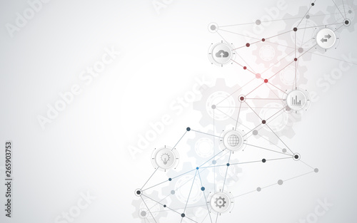 Technical abstract background with connecting dots and lines. Digital technology and communication concept with flat icons.