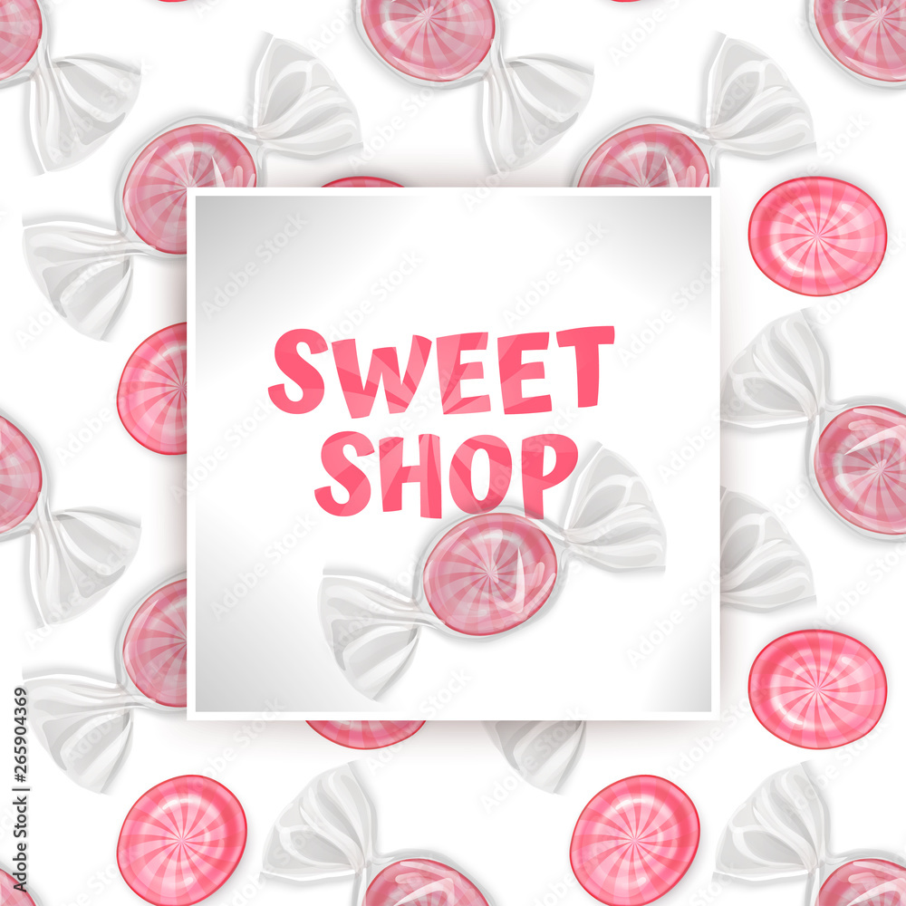 Naklejka premium Candy Sweet shop template, greeting card with Seamless, endless background with sweets. Background for poster or banner, vector illustration