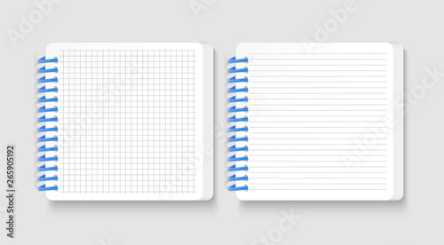 Set of Realistic notebooks Blank open padded sketchbook with lines and notebook in the cell for writing message templates, School notebook, vertical paper sheet. Vector Eps 10 illustration