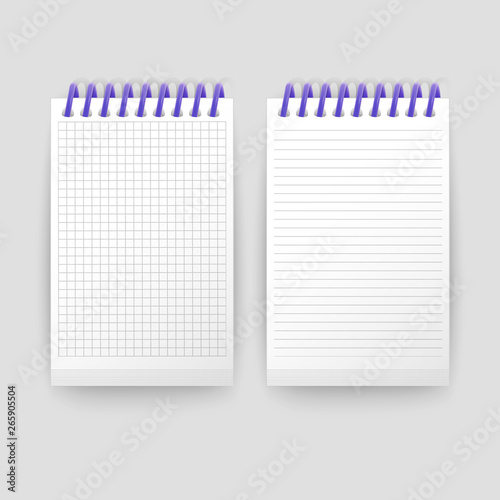 Set of Realistic notebooks Blank open padded sketchbook with lines and notebook in the cell for writing message templates, School notebook, vertical paper sheet. Vector Eps 10 illustration