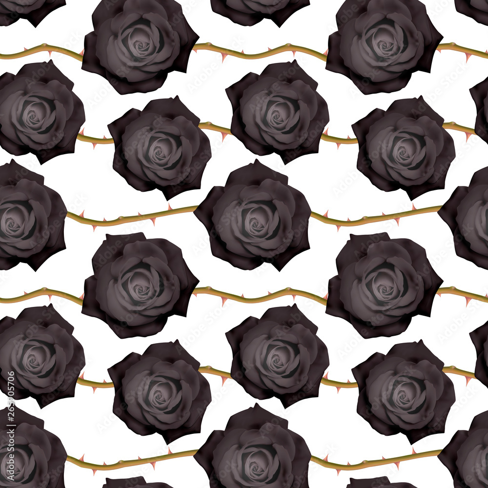 Seamless, endless pattern with roses and thorns, Black roses on white