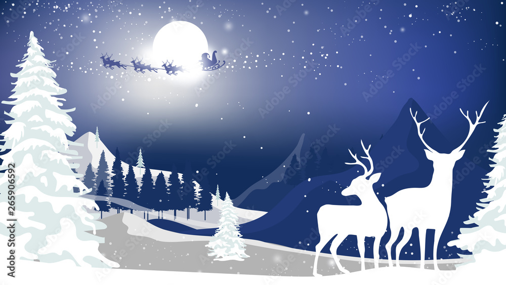 Landscapes Winter wonderland,Vector cartoon of Santa sleigh and reindeers  flying over full moon, Reindeers family looking at Father Christmas sleigh  Reindeers in the sky, Merry Christmas background Stock Vector | Adobe Stock