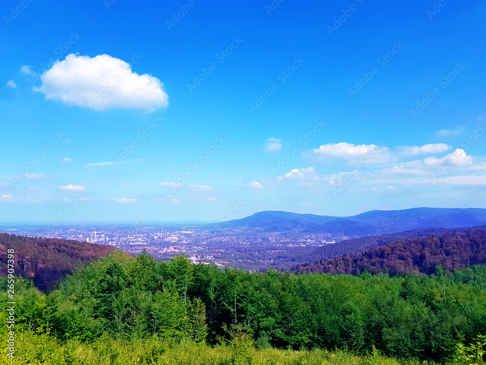 City in valley on the background of mountains in Poland Bielsko-Biala.