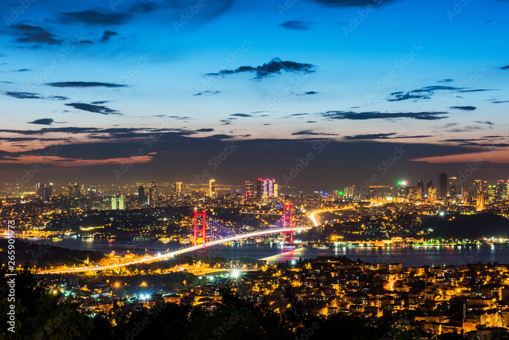 Istanbul Bosphorus Bridge at sunset. 15th July Martyrs Bridge. Night view from Camlica Hill. Istanbul, Turkey.