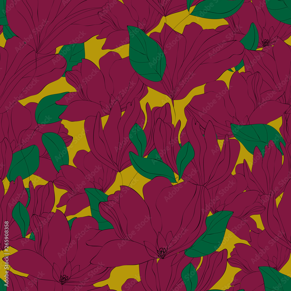 Blossom floral seamless pattern. Blooming botanical motifs scattered random. Colorful vector texture. Good for fashion prints. Hand drawn purple flowers with leaves on yellow background