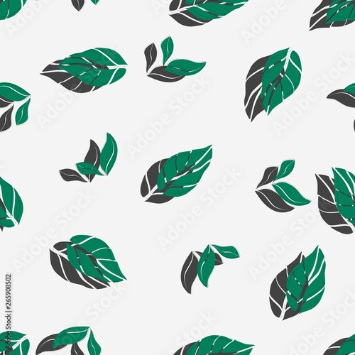 Seamless pattern with leaves and shadow. Botanical motifs scattered random. Colorful vector texture. Good for fashion prints. Hand drawn green leaves on black background with white polka dots