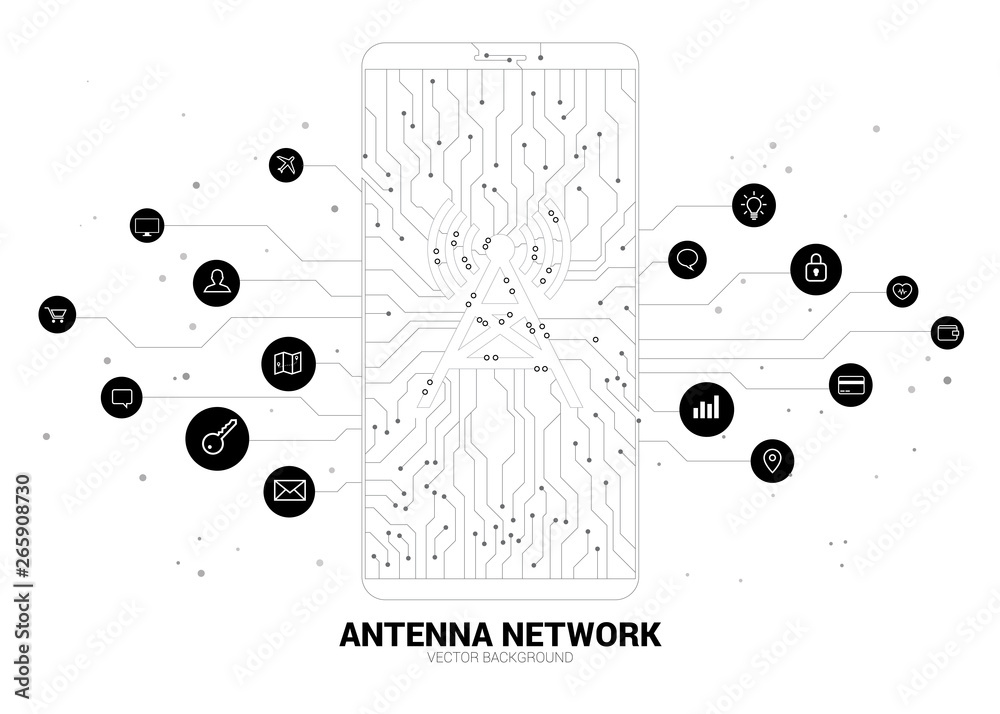 Vector antenna tower icon on mobile phone from dot connect line circuit board style mobile data icon. Concept for data transfer of mobile and wi-fi data network. Vector antenna tower icon on mobile phone from dot connect line circuit board style mobile data icon. Concept for data transfer of mobile and wi-fi data network.