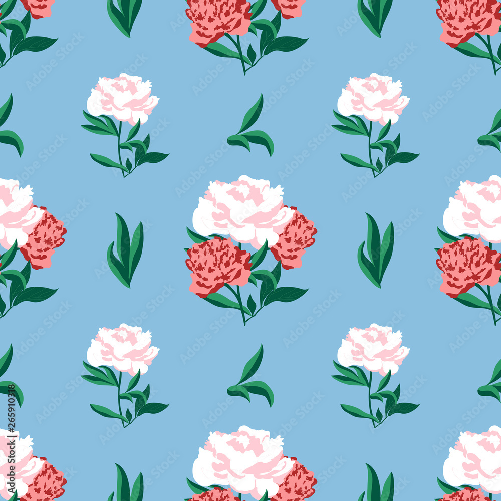 Blossom floral vintage seamless pattern. Blooming botanical motifs scattered random. Vector texture for fashion prints. Hand drawn peonies with leaves on blue background. Retro style