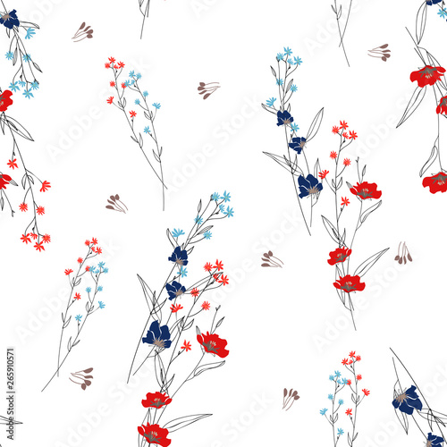 Blossom floral seamless pattern. Blooming botanical motifs scattered random. Trendy colorful vector texture. Good for fashion. Ditsy print. Hand drawn small flowers on white background. Retro style