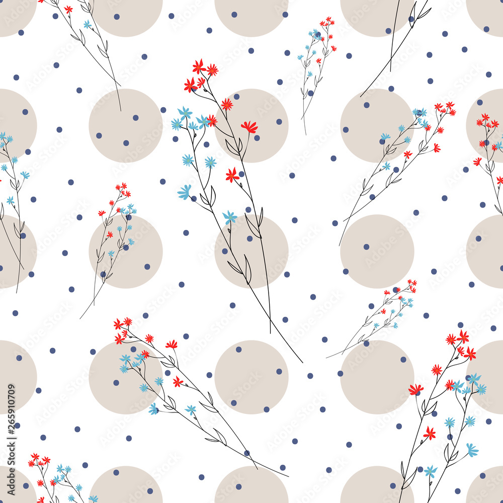 Fototapeta Blossom floral seamless pattern. Blooming botanical motifs scattered random. Trendy color vector texture. Good for fashion. Ditsy print. Hand drawn small flowers on white background with polka dots