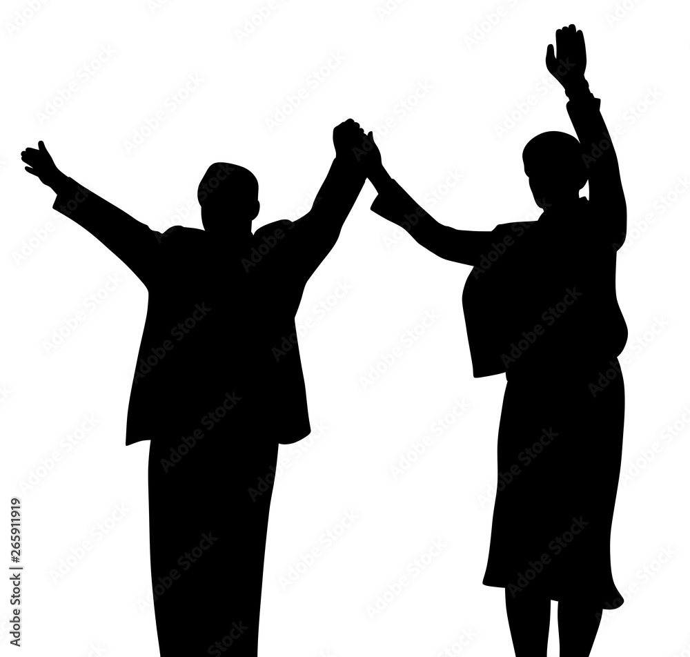 Successful business partners or leader politicians waving raised hands and greeting people